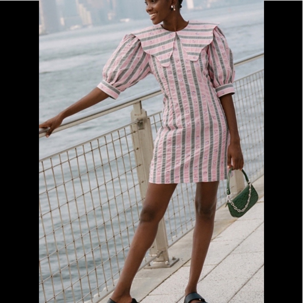 Ganni | Floral Striped Seersucker Dress | 32